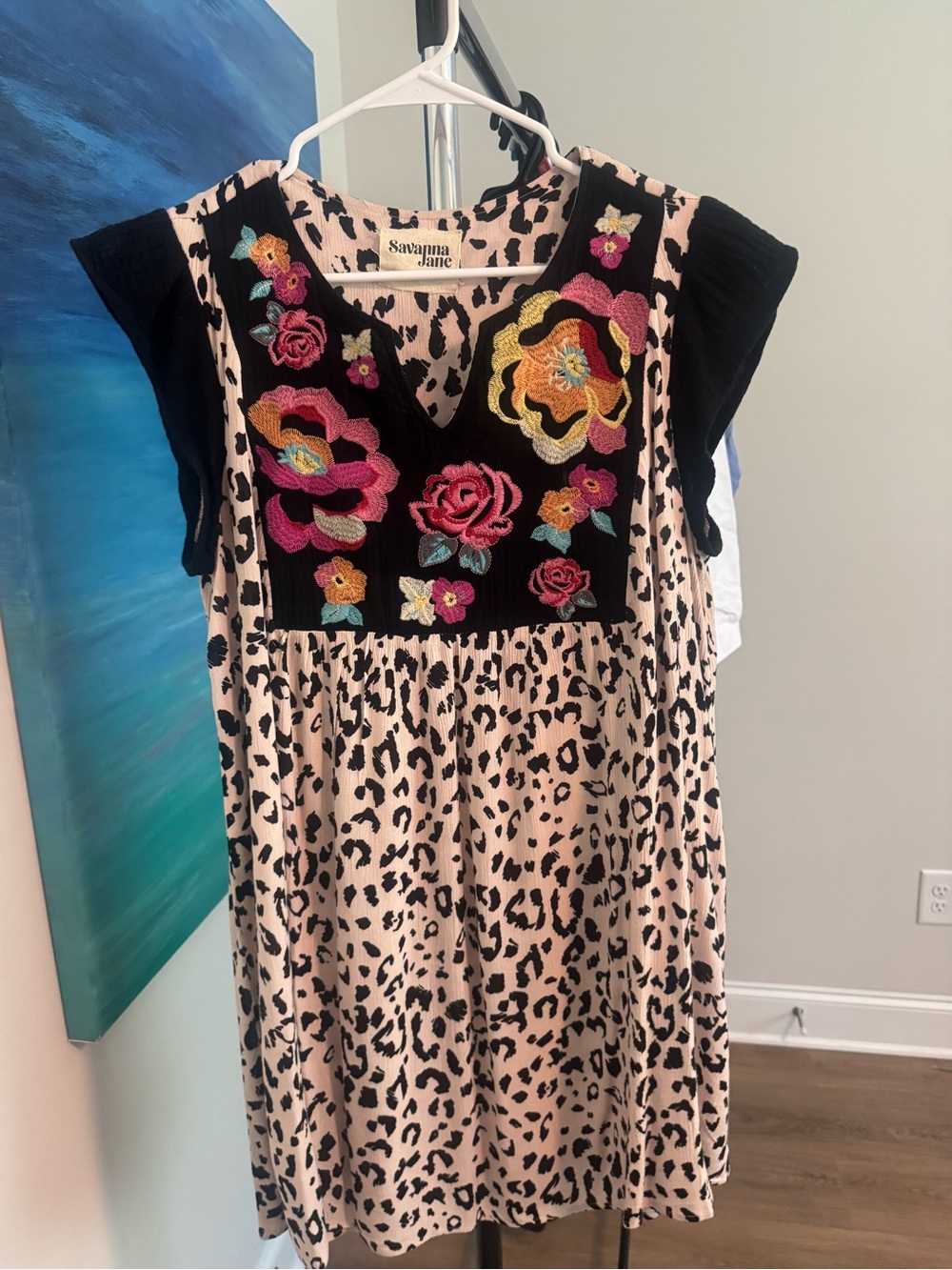Savanna Jane Girls' Pink Leopard Print Dress with Floral Embroidery